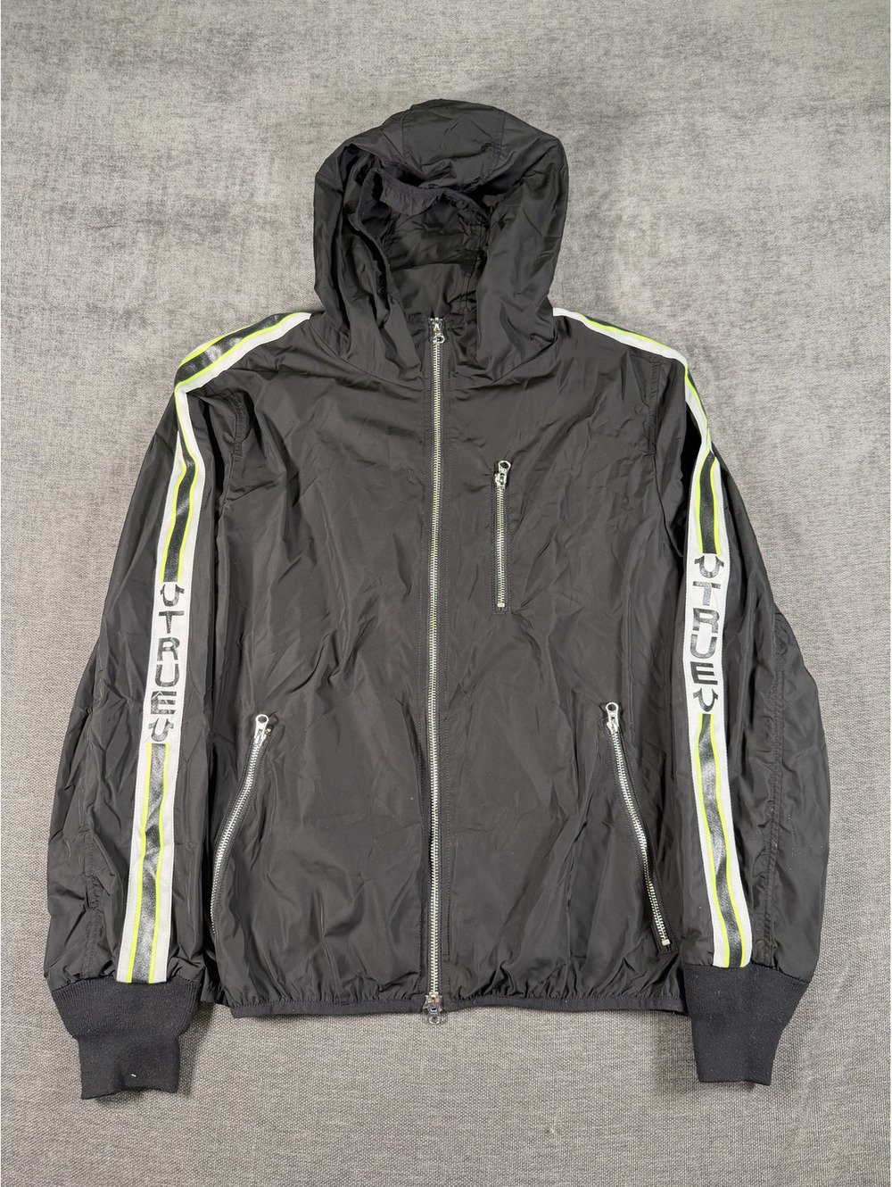 True Religion Black Hooded Windbreaker Jacket with Reflective Stripes Size Small